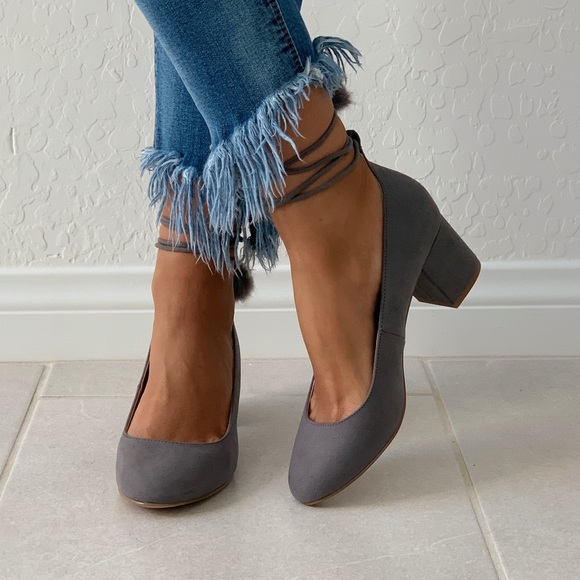 Ash Grey Chic Pom Pom Mary Jane Block Heel Pump - Picture 7 of 7